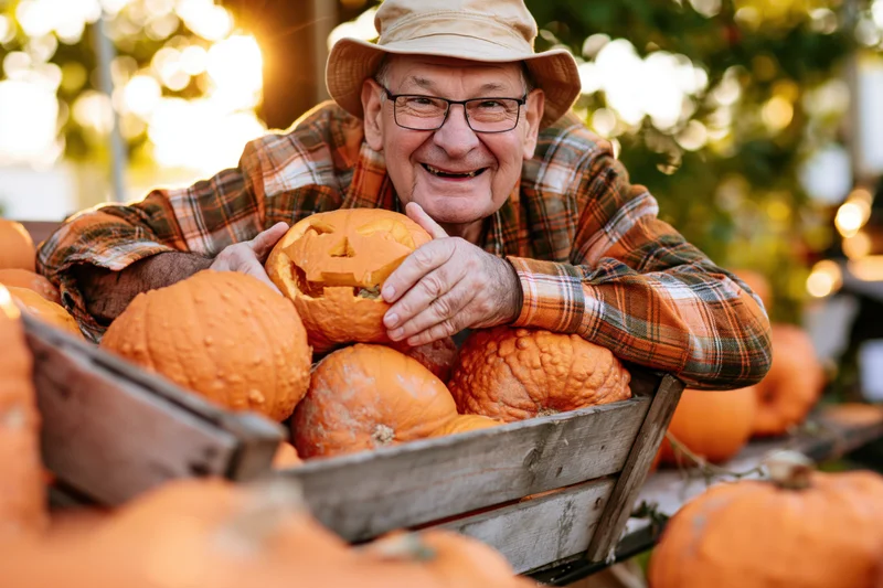 Senior man smiling while holding a carved pumpkin in a wooden crate outdoors