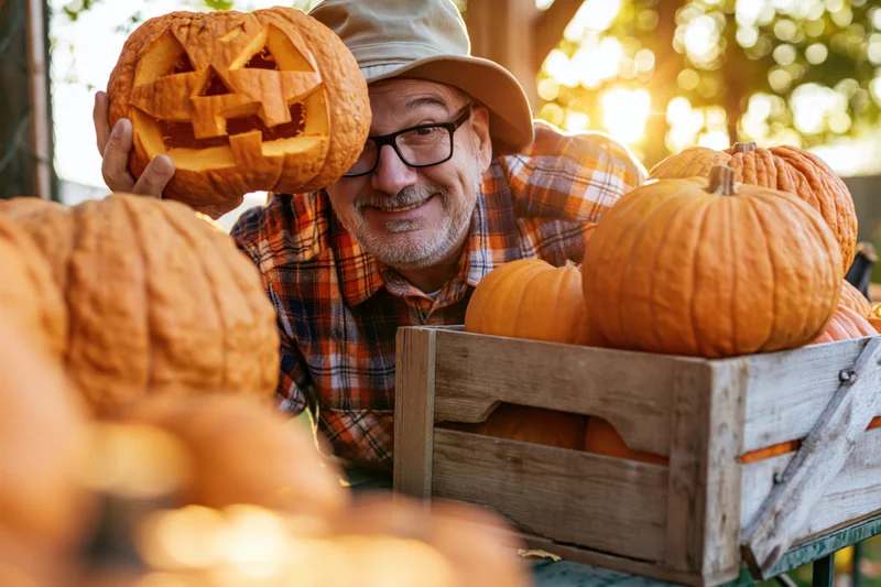 Senior man holding carved pumpkin near wooden crate filled with pumpkins outdoors