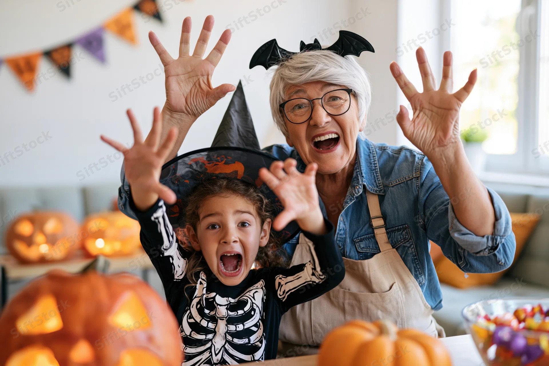 Grandmother and granddaughter in halloween costumes posing with hands raised at home party