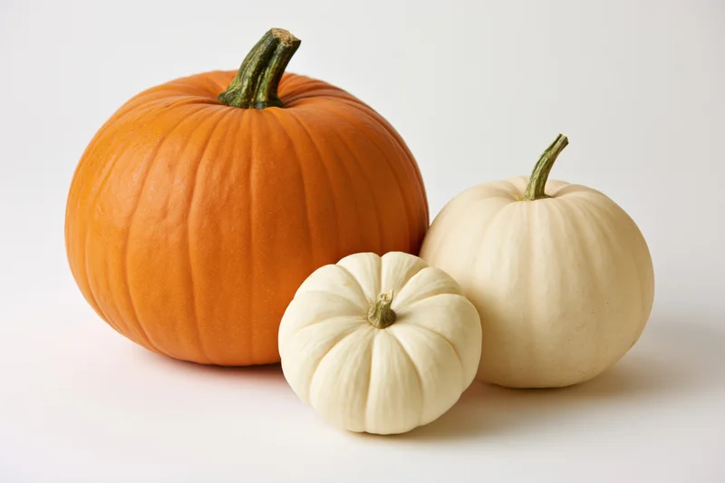 Three pumpkins of different sizes and colors arranged on a white surface