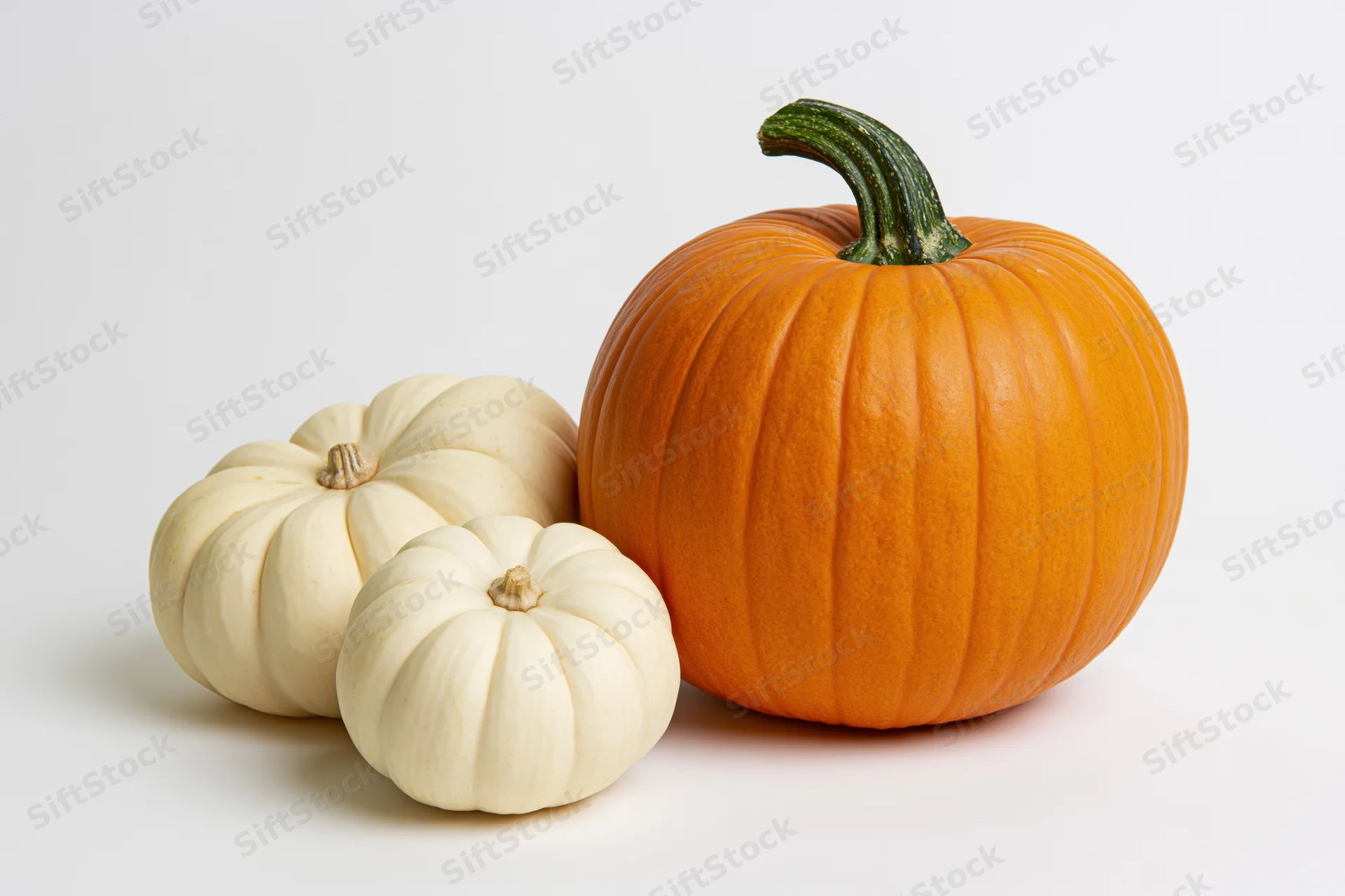 One large orange pumpkin with two small white pumpkins arranged on a white surface