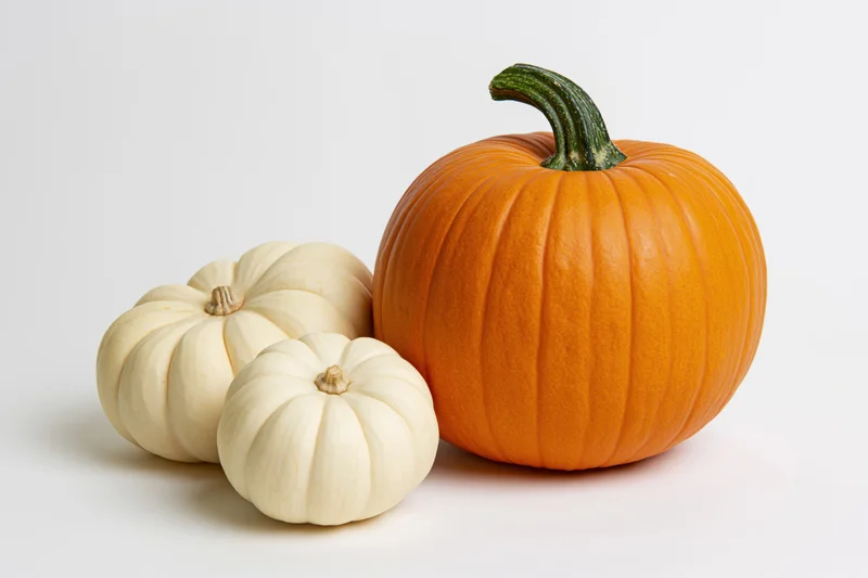 One large orange pumpkin with two small white pumpkins arranged on a white surface