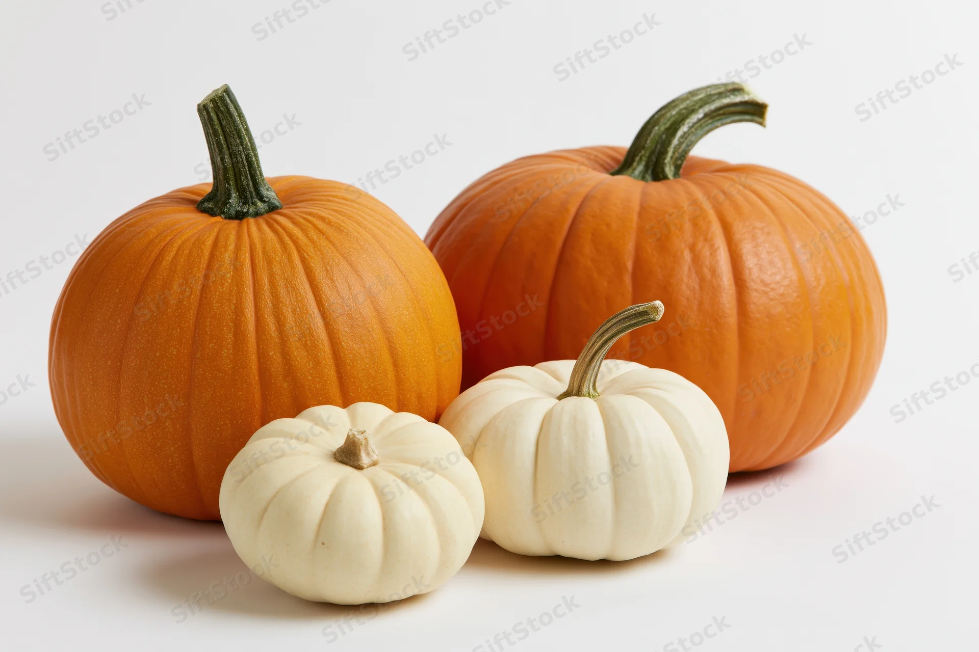 Four pumpkins of varying sizes and colors arranged on a white surface