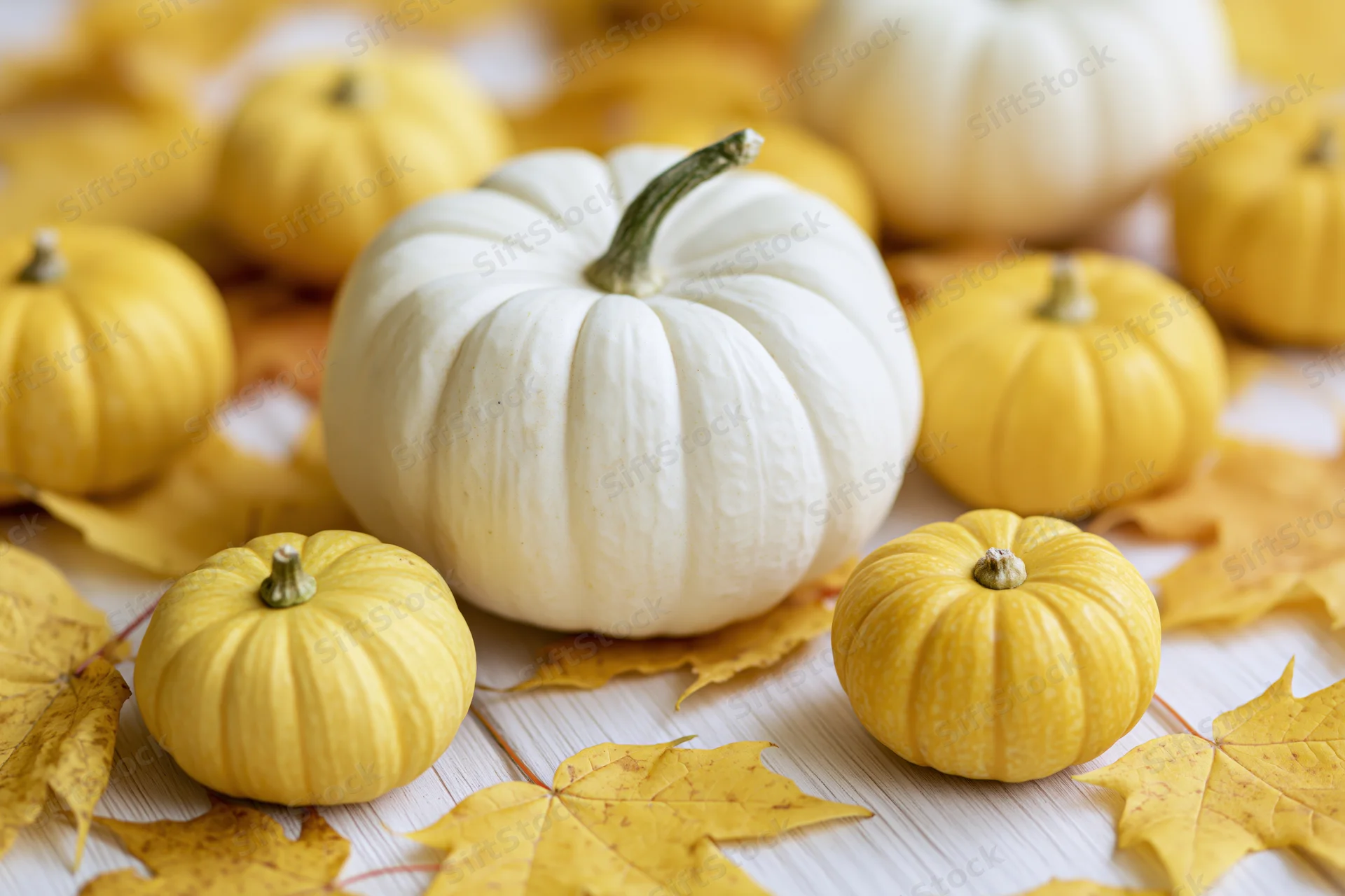 White pumpkin centered among small yellow pumpkins and autumn leaves on a wooden surface
