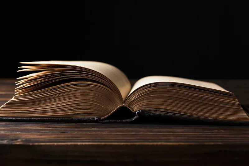 Open weathered hardcover book lying flat on dark wooden table