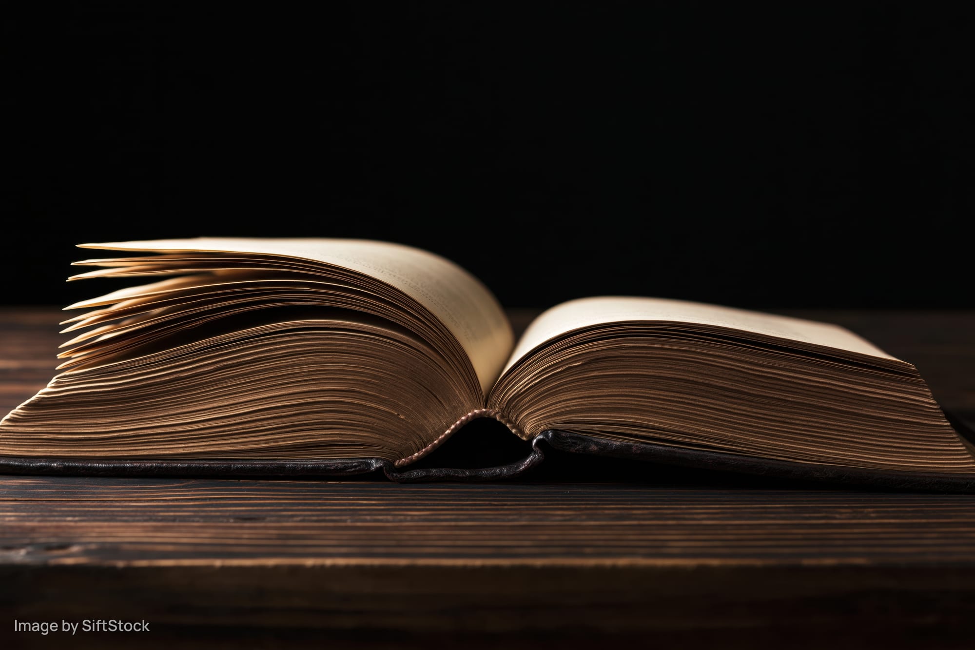 Open weathered hardcover book lying flat on dark wooden table