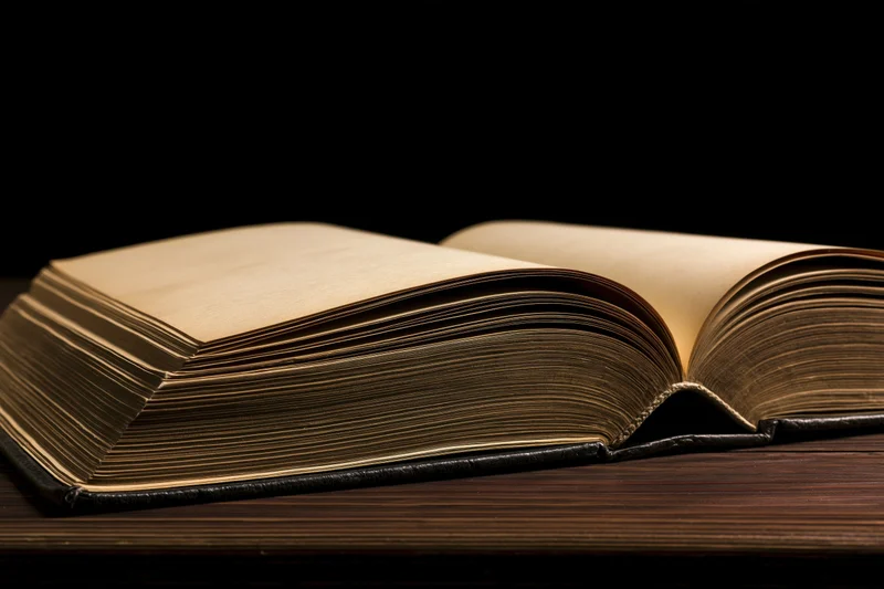 Open weathered hardcover book lying flat on dark wooden table