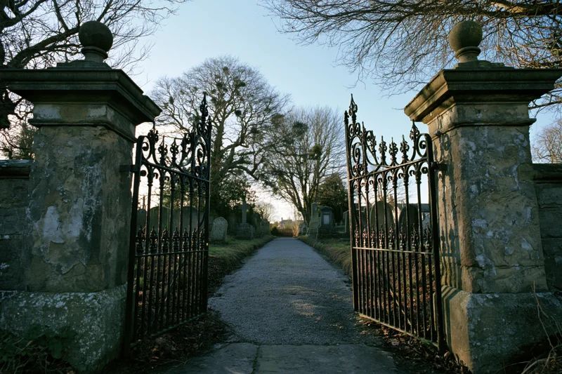 Open wrought iron gates leading into a cemetery pathway lined with gravestones and bare trees