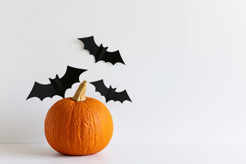 Orange pumpkin with black paper bats on white surface for halloween decoration