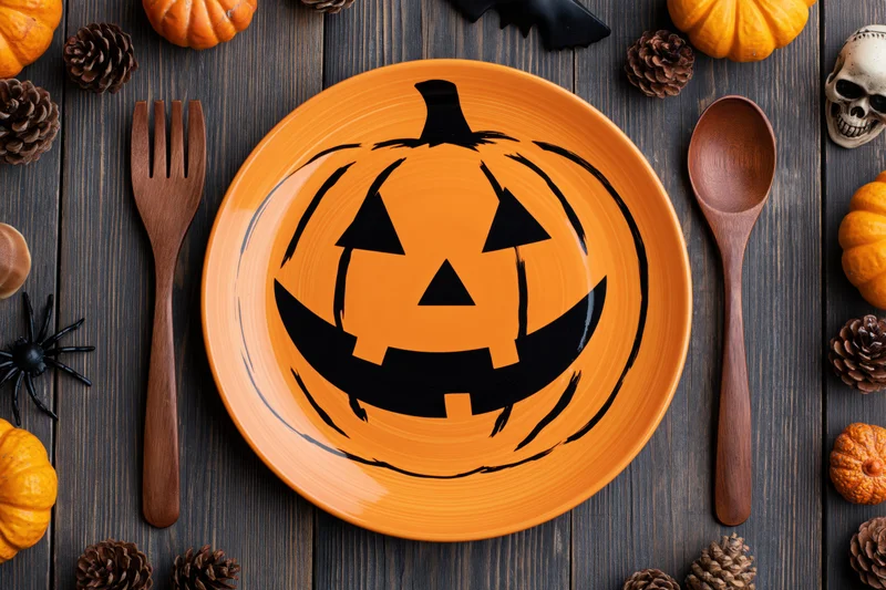Orange ceramic plate with black jack-o-lantern face on dark wooden table surrounded by halloween decorations and wooden utensils