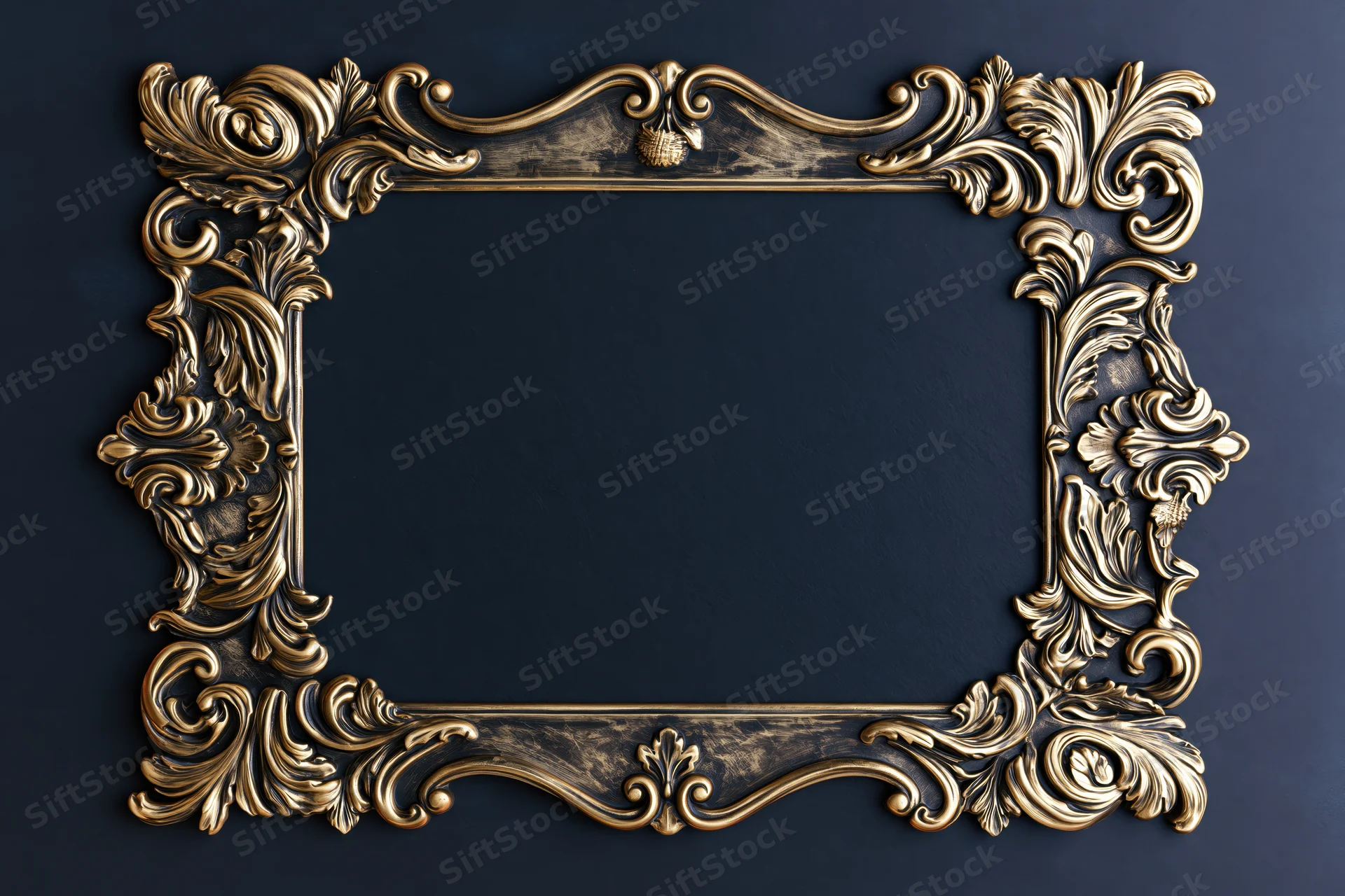 Ornate gold baroque frame with intricate scrollwork on dark blue background