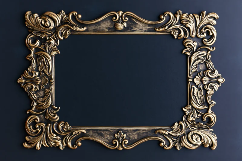 Ornate gold baroque frame with intricate scrollwork on dark blue background