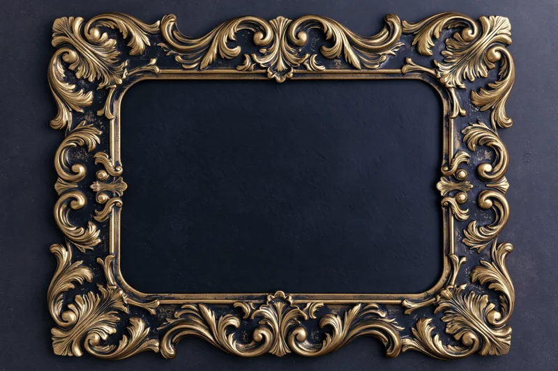 Ornate baroque gold frame with raised scrollwork on dark textured wall