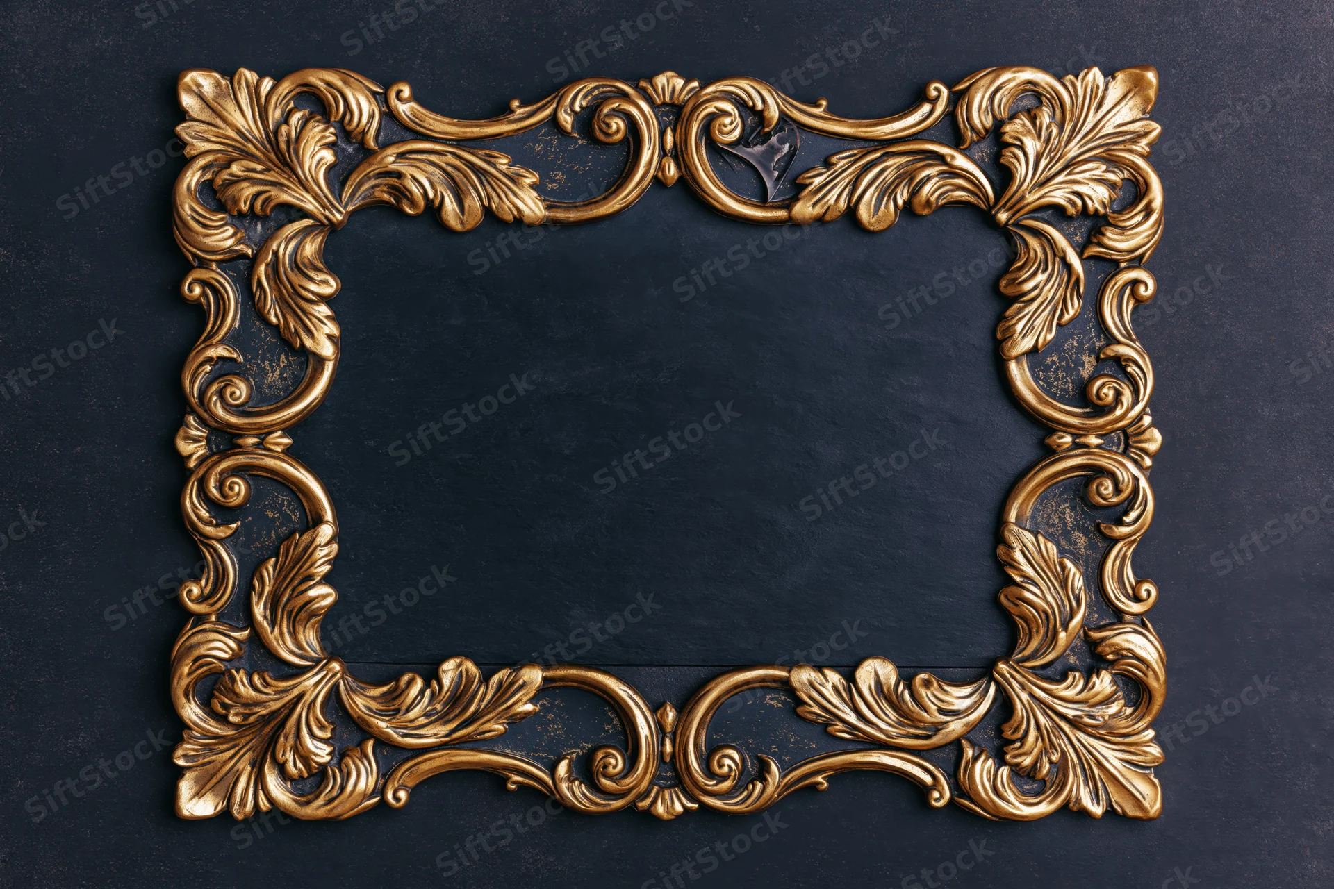 Ornate gold baroque frame with raised scrollwork on dark textured background