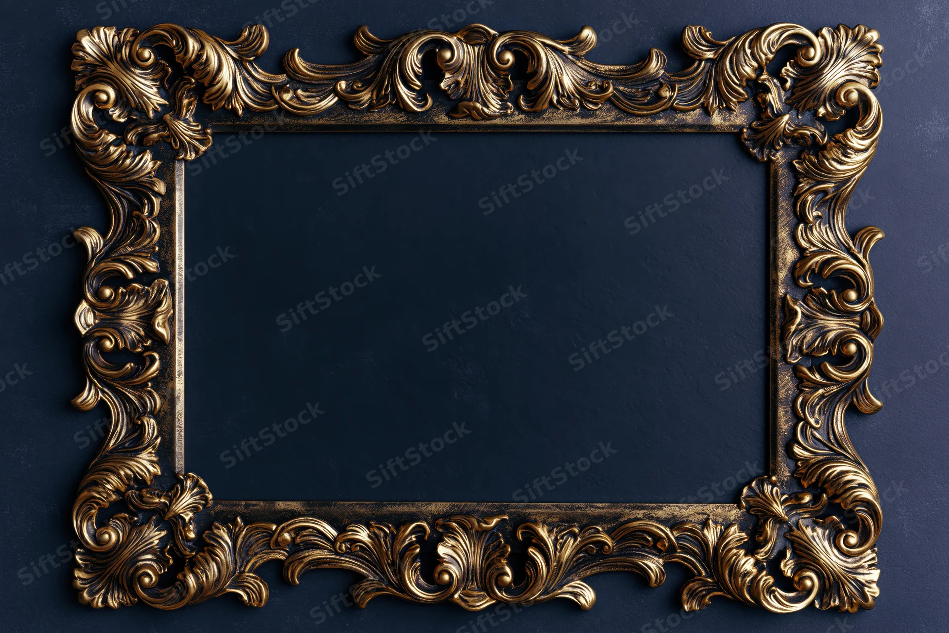 Ornate baroque gold frame with raised scrollwork against dark blue textured wall