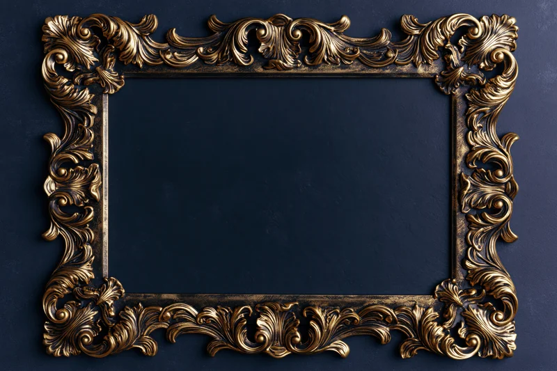 Ornate baroque gold frame with raised scrollwork against dark blue textured wall