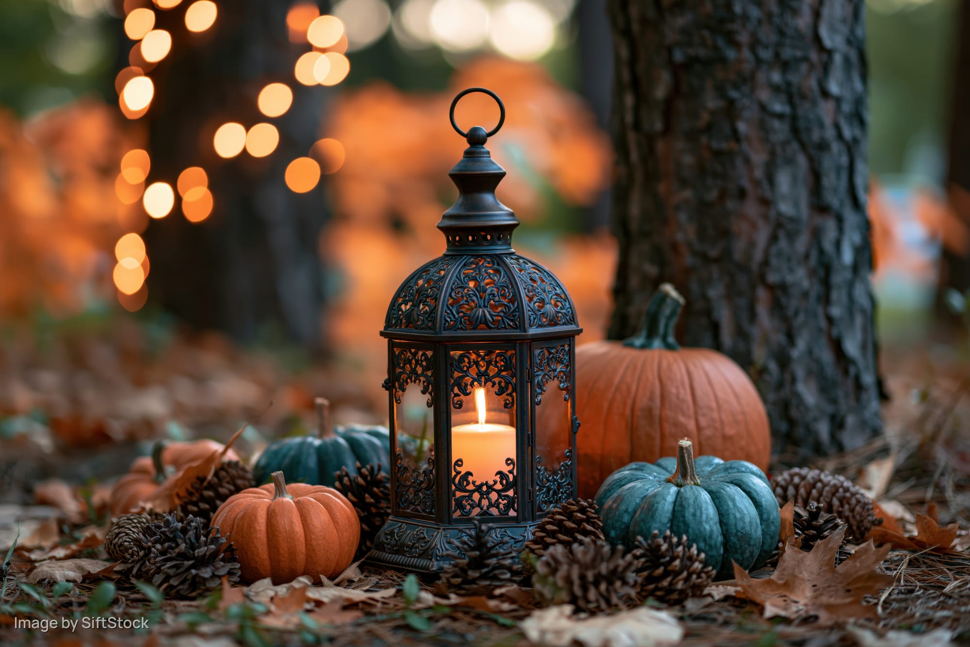 Ornate metal lantern with glowing candle surrounded by pumpkins and pinecones in a forest setting at dusk
