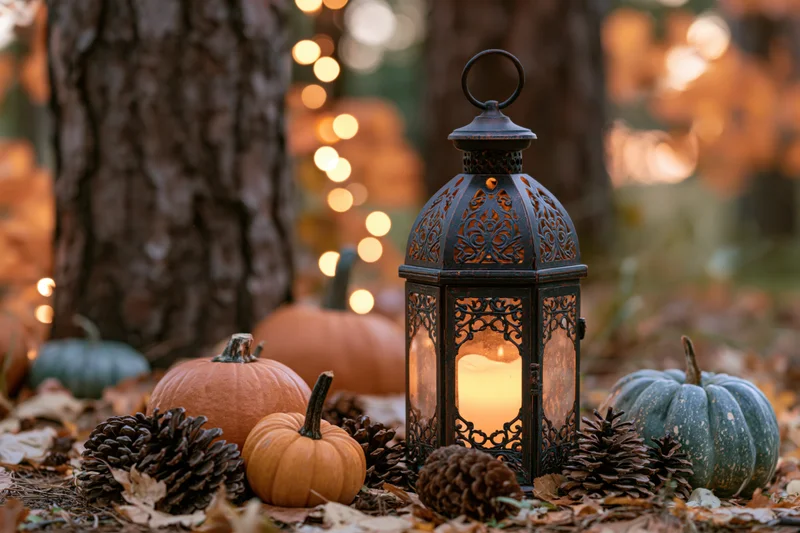 Ornate metal lantern with glowing candle surrounded by pumpkins and pinecones on forest floor at twilight