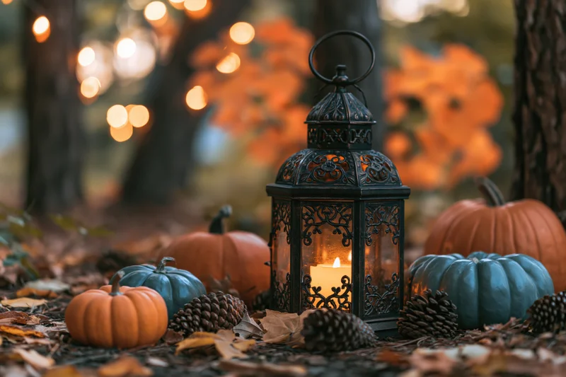 Ornate metal lantern with glowing candle surrounded by pumpkins and pinecones on forest floor at dusk