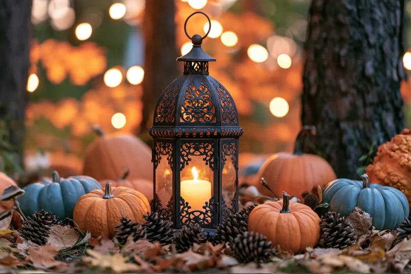 Ornate metal lantern with glowing candle surrounded by pumpkins and pinecones in a forest at twilight