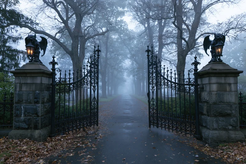 Open wrought-iron cemetery gate flanked by stone pillars with lanterns and gargoyles, leading down a foggy pathway lined with bare trees and fallen leaves