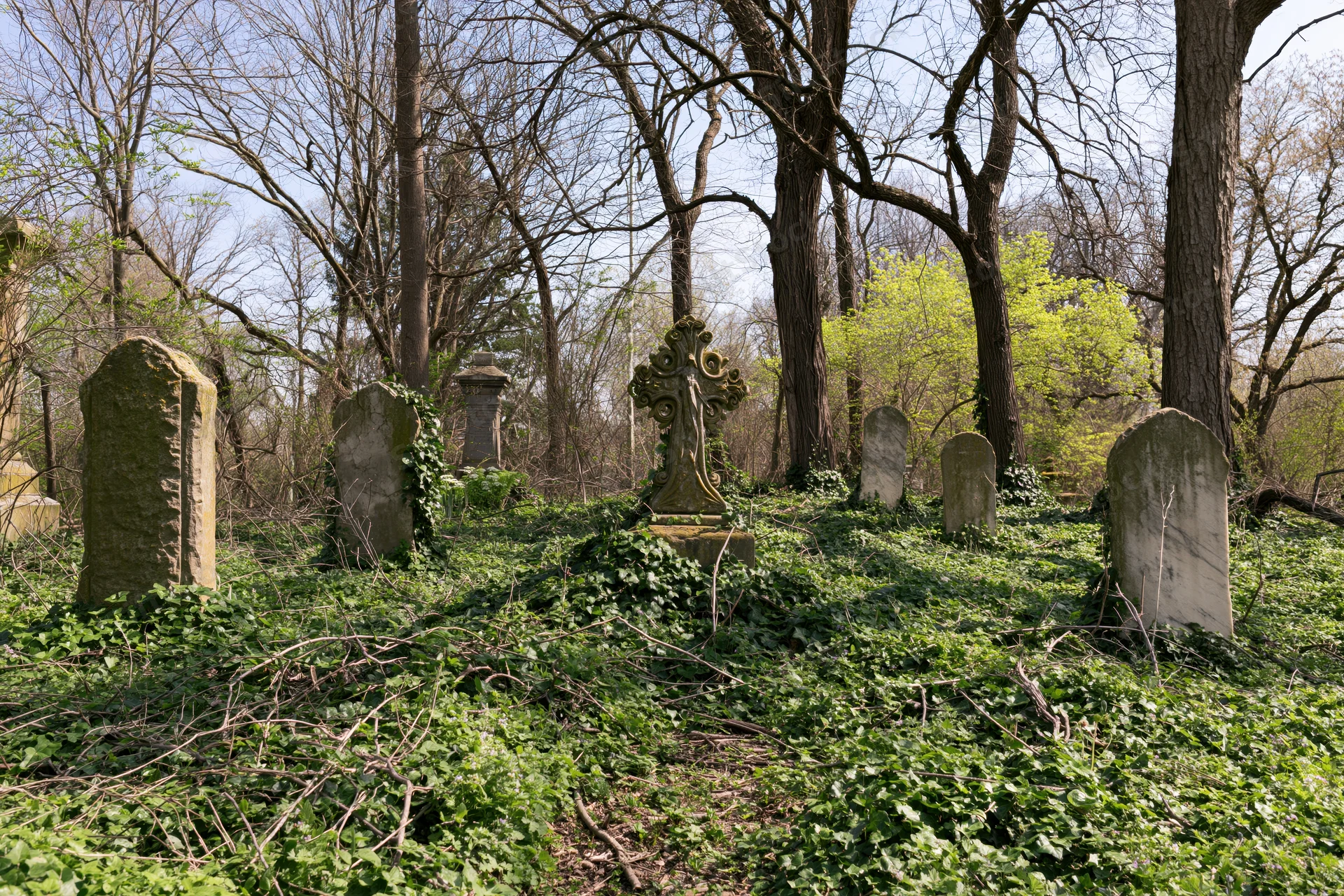 Overgrown victorian cemetery with weathered stone gravestones among bare trees and ivy-covered ground