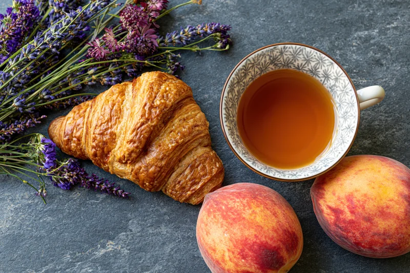 Golden croissant with tea, peaches and lavender arranged on a stone surface in overhead flat lay