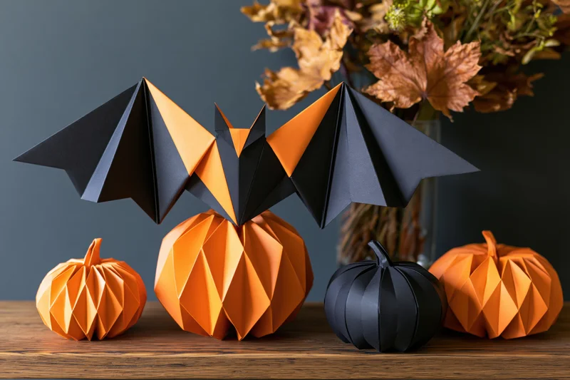 Origami bat and pumpkins arranged on a wooden shelf with dried foliage in a vase