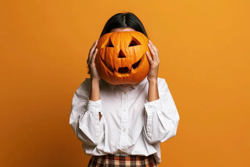 Woman holding carved pumpkin over face against orange backdrop
