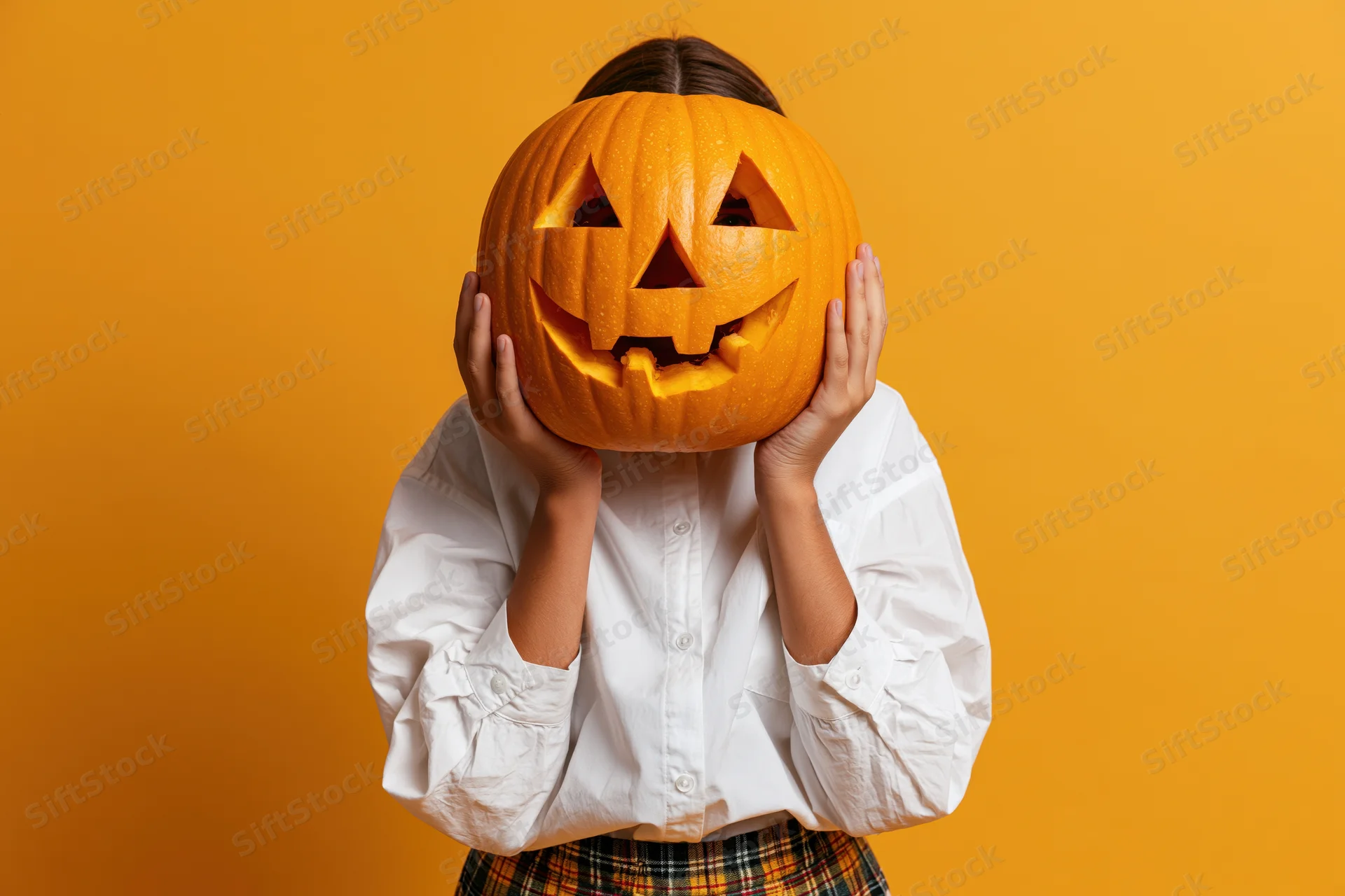 Woman holding carved pumpkin over face against bright orange studio backdrop