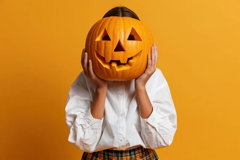 Woman holding carved pumpkin over face against bright orange studio backdrop