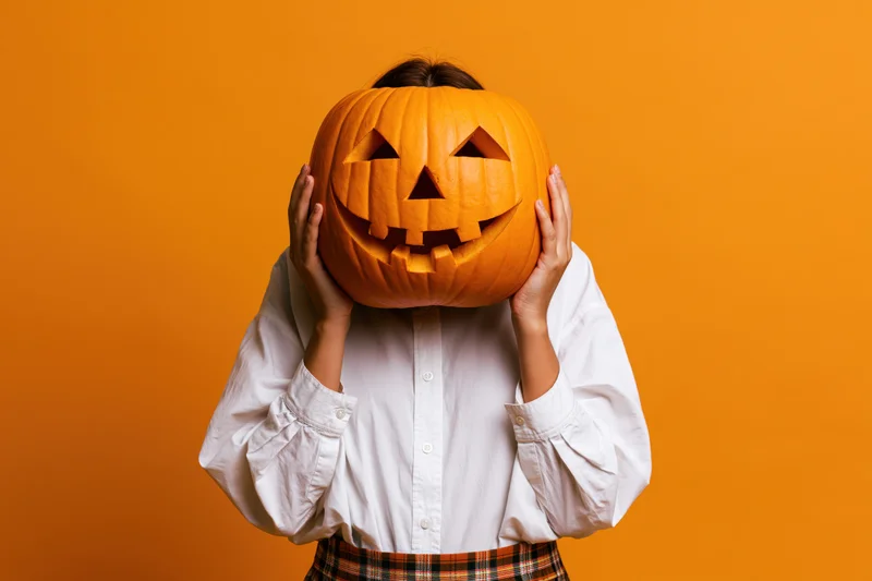Woman holding carved pumpkin over face against orange studio backdrop