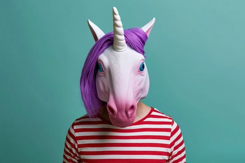 Person wearing a rubber unicorn head mask with purple hair and blue eyes, standing against a teal background in a red and white striped shirt