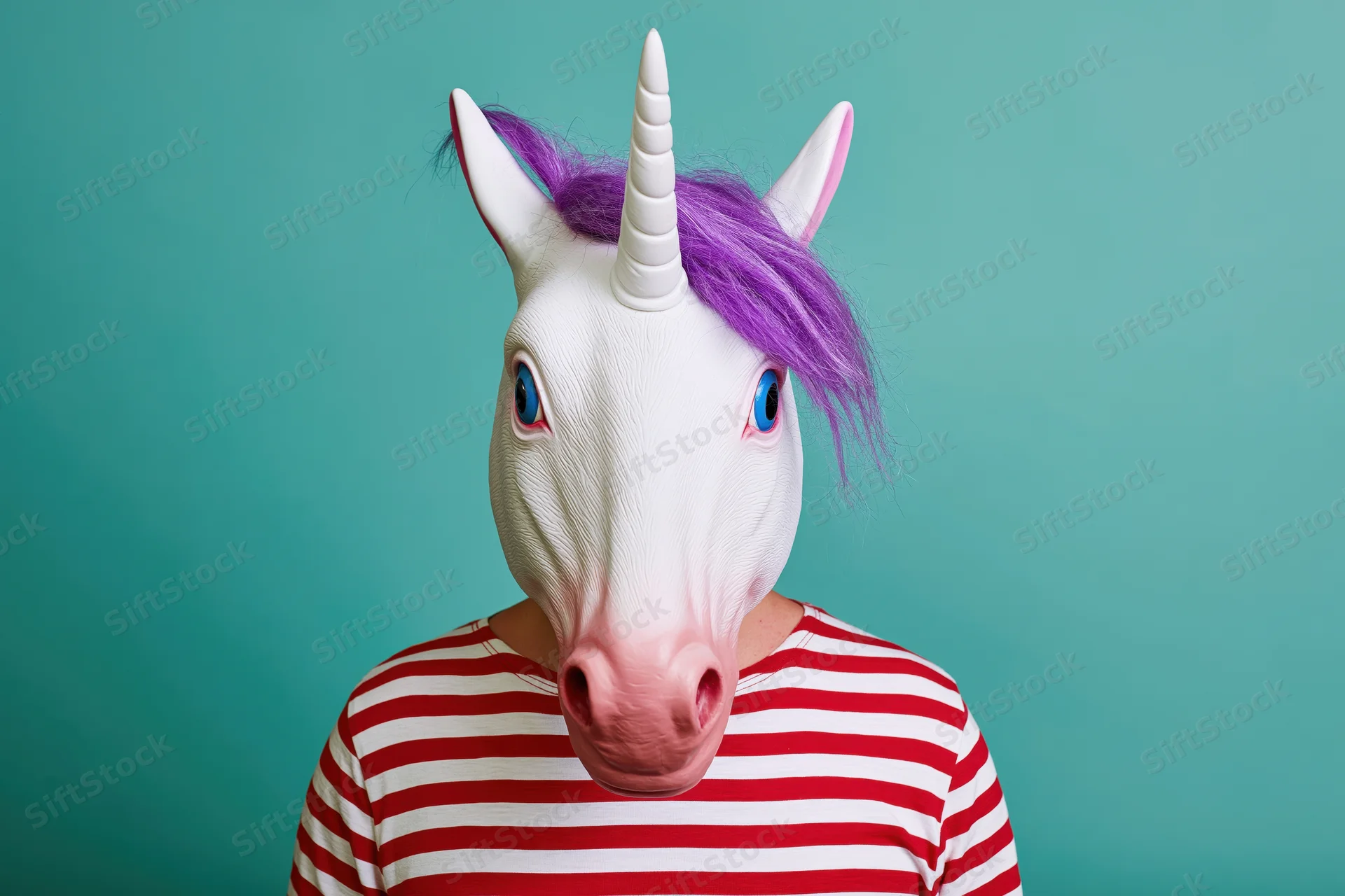 Person wearing a white rubber unicorn head mask with purple mane and blue eyes, standing against a teal background in a red and white striped shirt