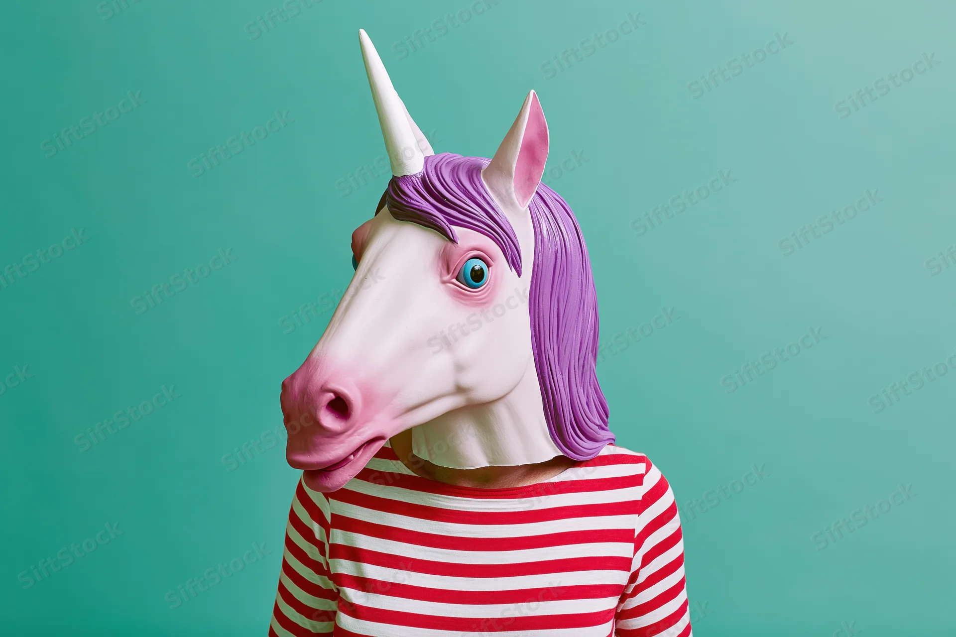 Person wearing a novelty rubber unicorn head mask in a red and white striped shirt against a teal background