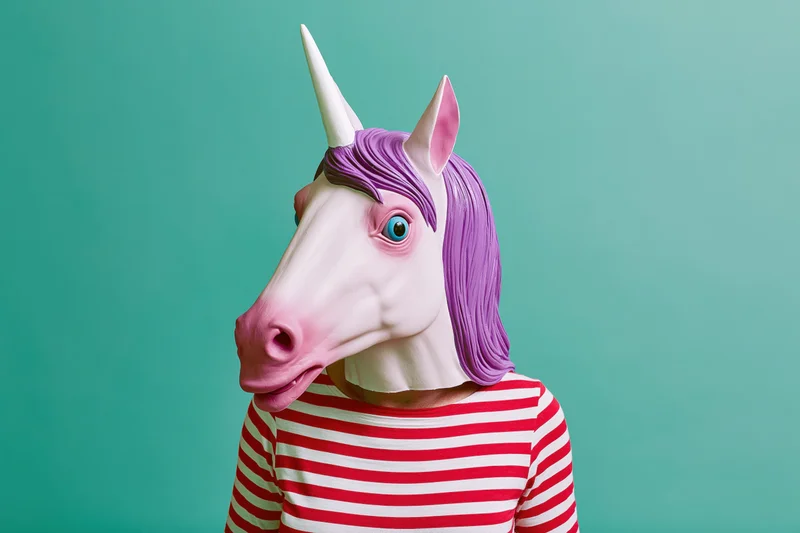 Person wearing a novelty rubber unicorn head mask in a red and white striped shirt against a teal background