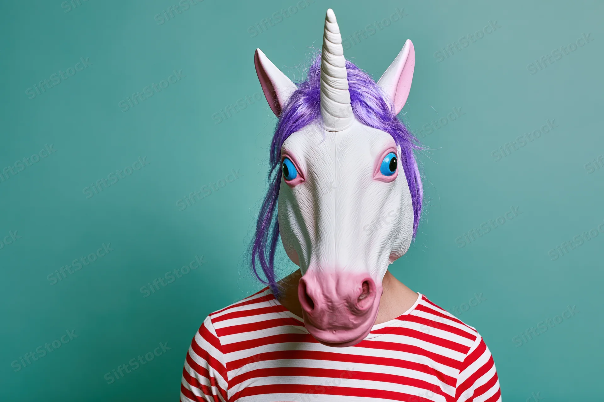 Person wearing a white rubber unicorn mask with purple mane and blue eyes, standing against a teal background in a red and white striped shirt