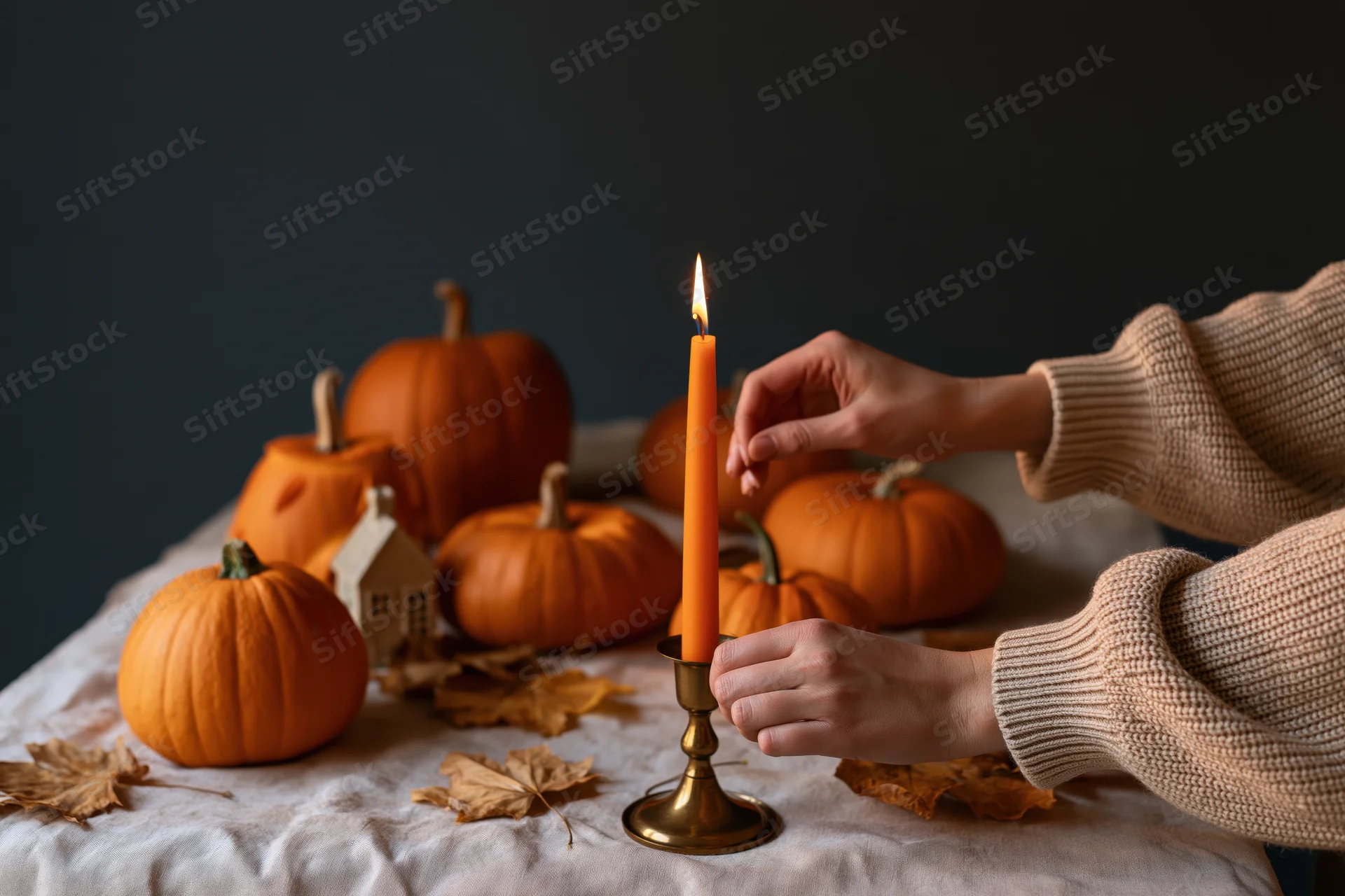 Hands lighting an orange taper candle in a brass candlestick on a table with pumpkins and autumn leaves