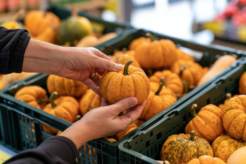 Hands picking a small orange pumpkin from a crate in a grocery store produce section