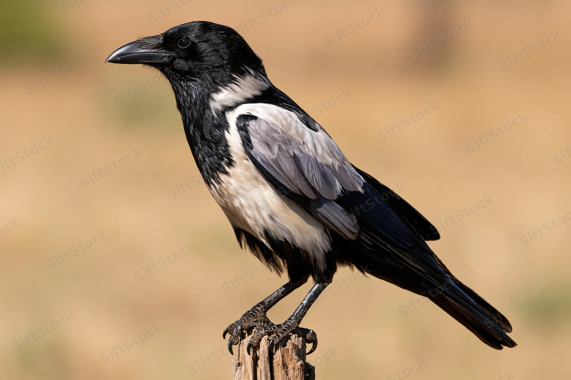 Pied crow perched upright on a weathered dry wooden stump in profile view