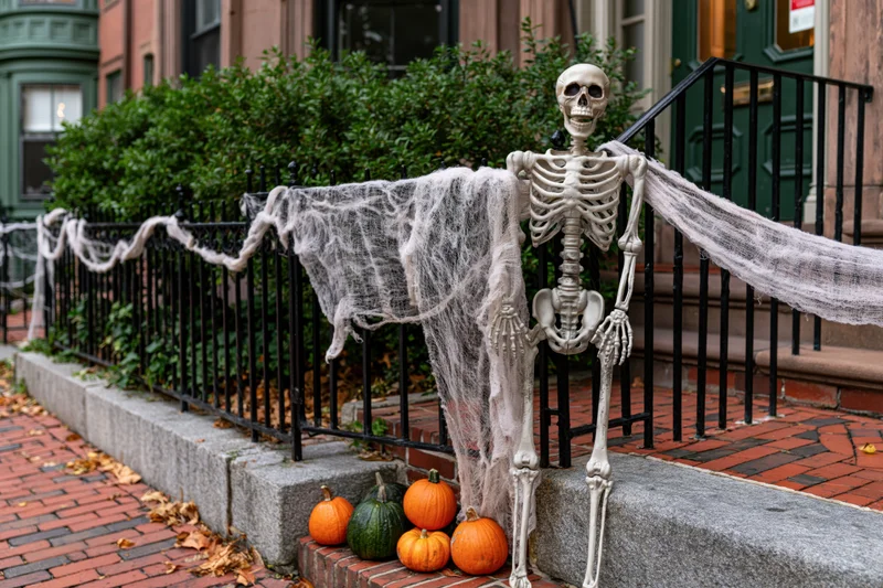 Plastic skeleton draped in fake cobwebs on front porch railing with pumpkins and autumn leaves on brick steps
