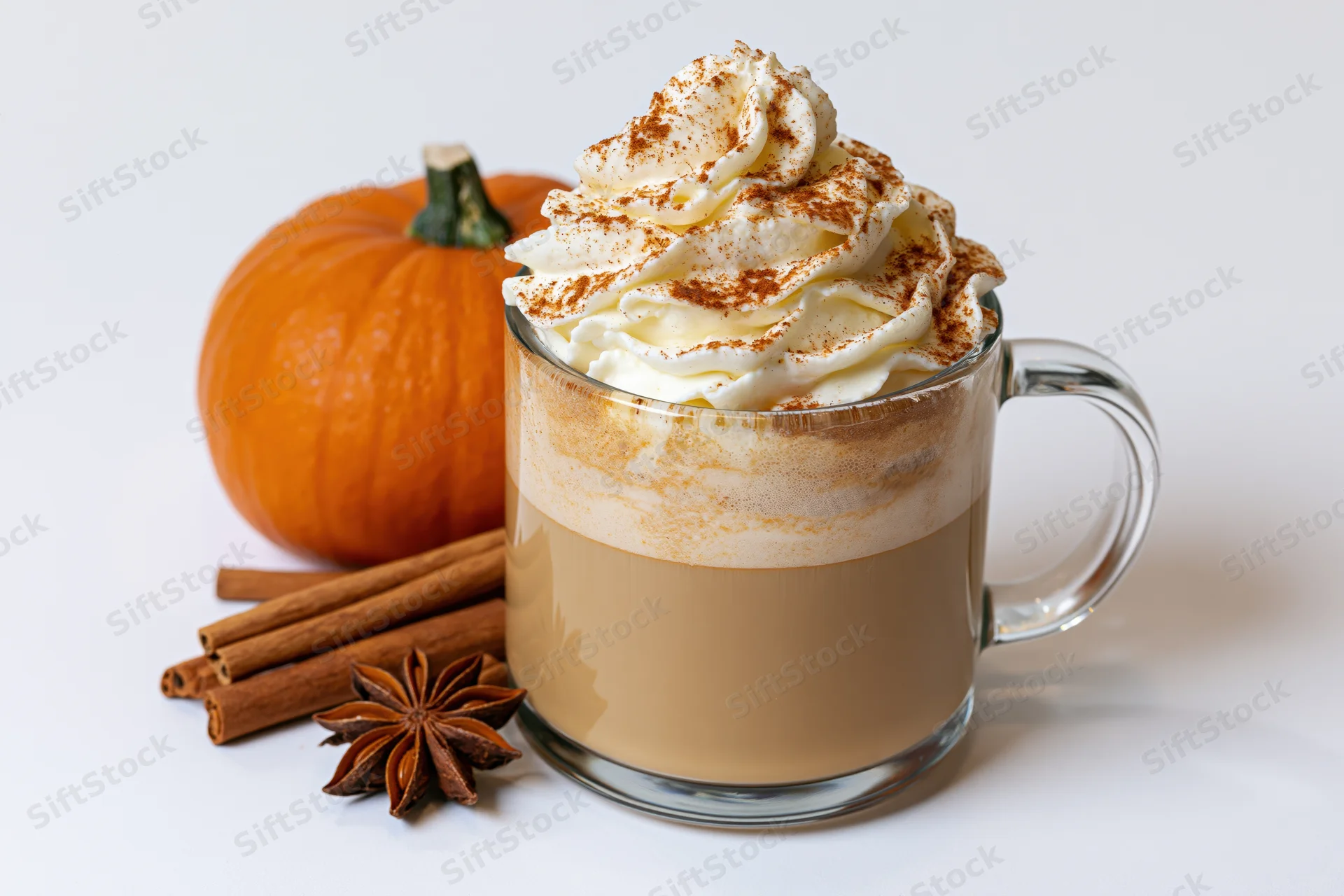 Pumpkin spice latte in a clear glass mug topped with whipped cream and cinnamon, beside a small pumpkin and spices on white background