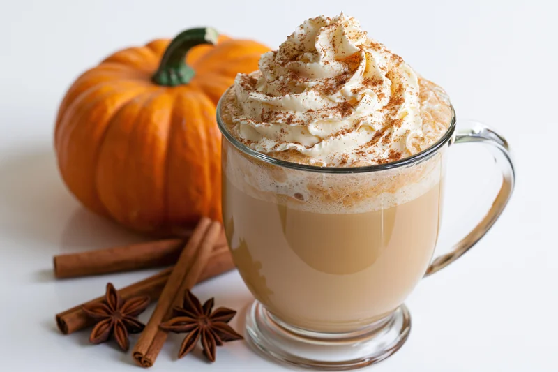 Pumpkin spice latte in a glass mug topped with whipped cream and cinnamon, beside a small pumpkin and spices on a white surface
