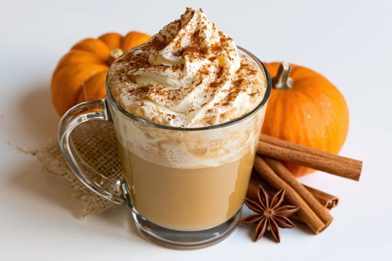 Pumpkin spice latte in a glass mug topped with whipped cream and cinnamon, surrounded by pumpkins and spices on a white surface
