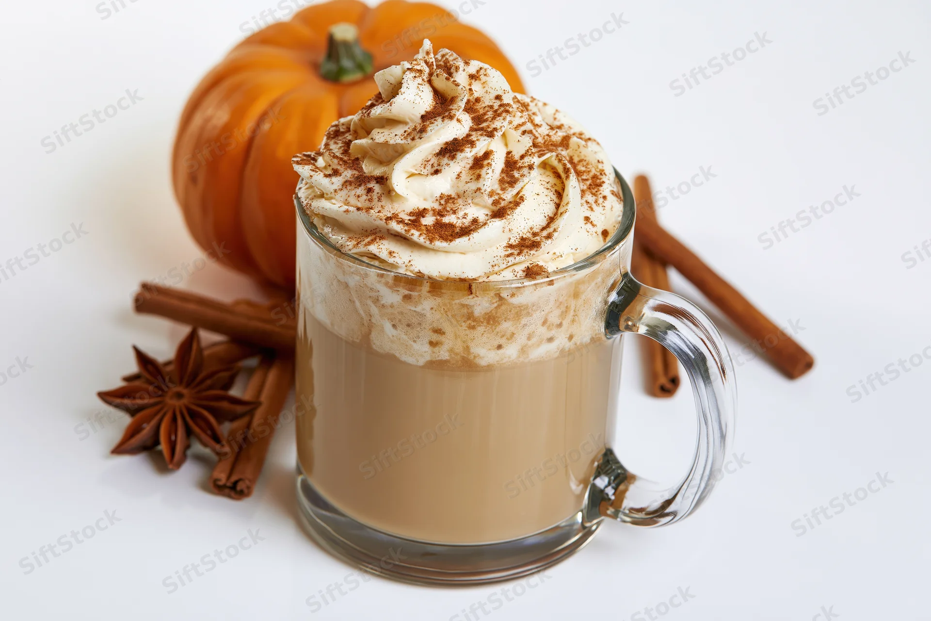 Pumpkin spice latte in a glass mug topped with whipped cream and cinnamon, surrounded by a small pumpkin, cinnamon sticks, and star anise on a white surface