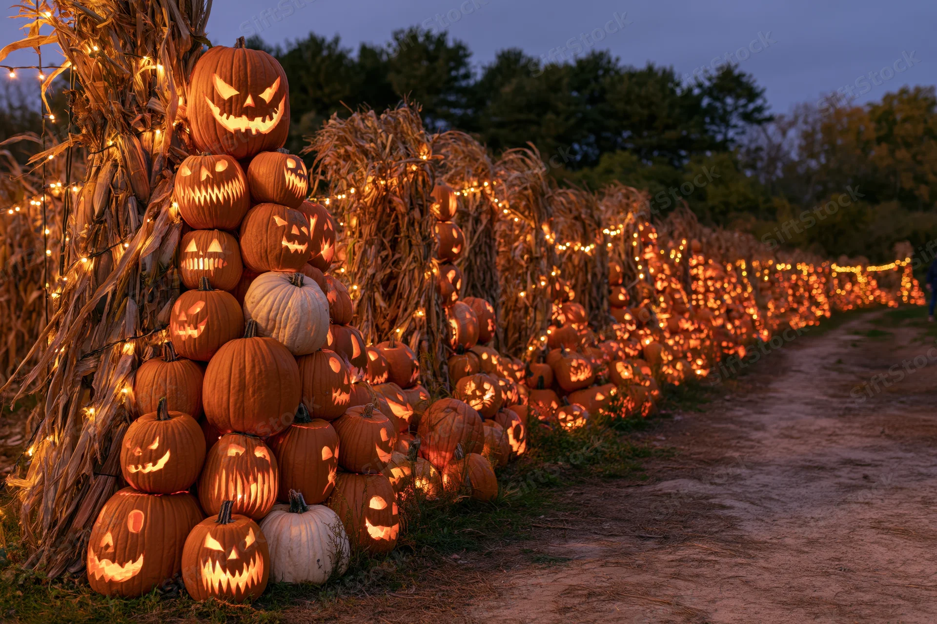 Rows of glowing carved jack-o-lanterns stacked along a dirt path beside cornstalks at dusk