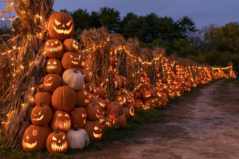 Rows of glowing carved jack-o-lanterns stacked along a dirt path beside cornstalks at dusk