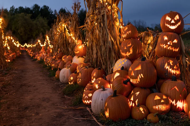Glowing carved pumpkins stacked along a dirt path lined with cornstalks at twilight