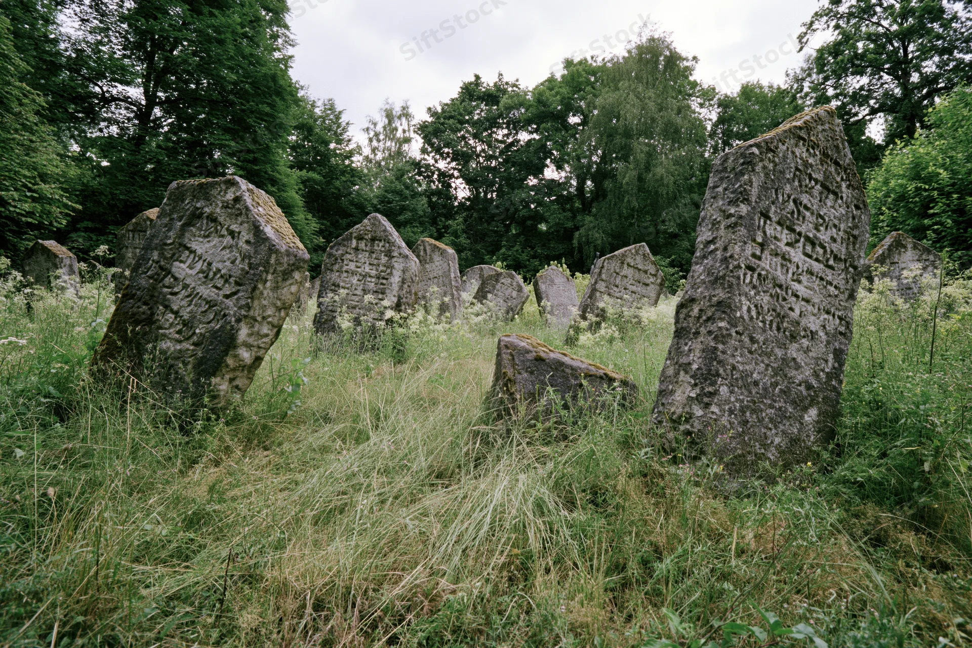 Weathered jewish gravestones with hebrew inscriptions standing in overgrown grass among trees