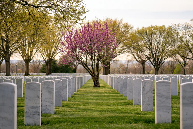 Rows of white marble headstones aligned in a cemetery with a blooming pink tree in spring